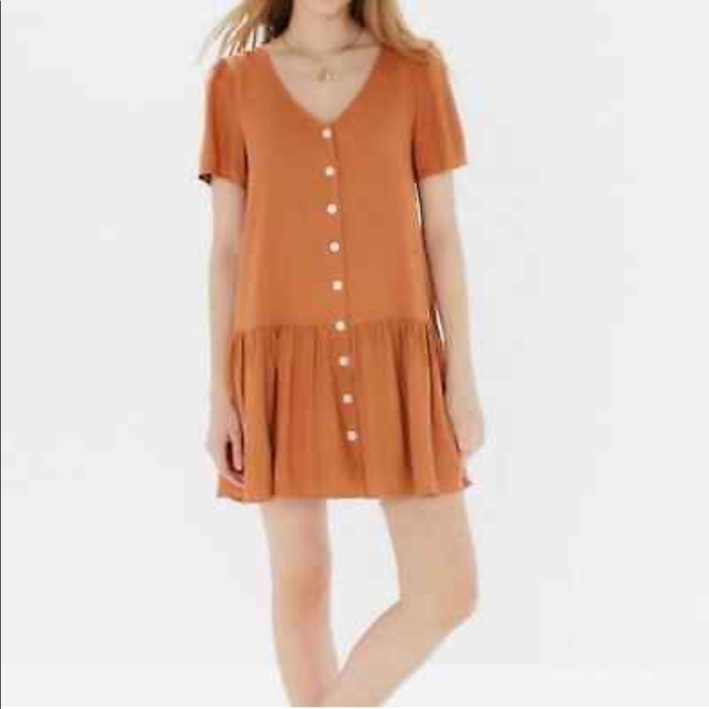 Urban Outfitters UO Houston Button Up Front Drop Waist Mini Dress Linen Orange L